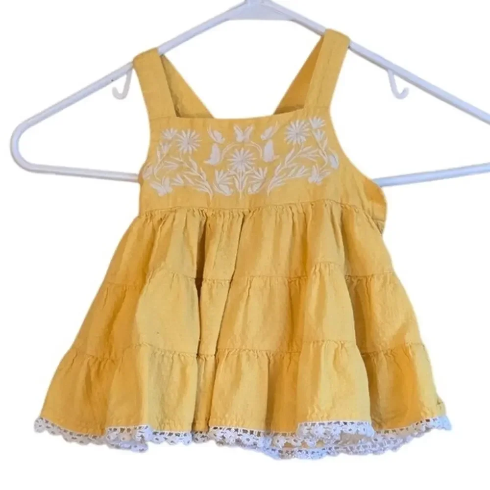 Tommy Bahama yellow 100% cotton floral embroidered girls drees size 12m